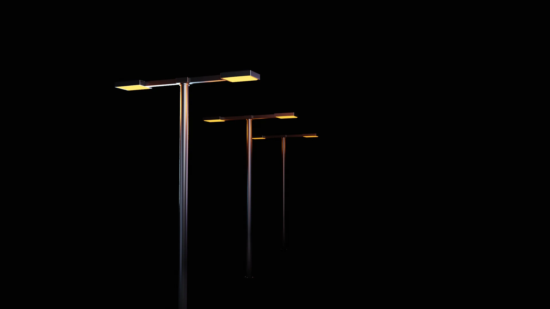 Tres farolas SAGA encendidas en ámbar en una calle nocturna: la malla de presencia LoRa.